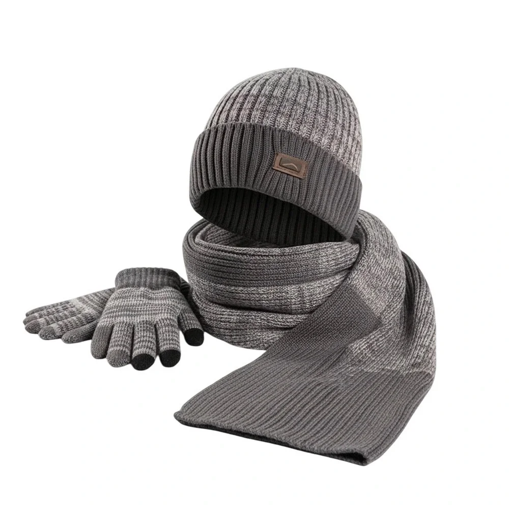 Unisex Winter Cozy‎ GRAY 3pc Set Long Scarf Touchscreen Gloves Beanie Hat Cap
